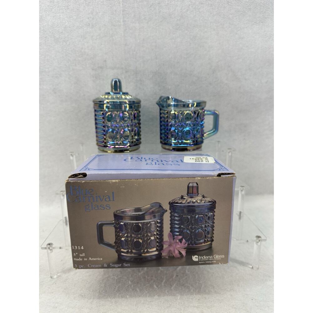 NIB Vintage Blue Carnival Glass 3 Pc Cream & Sugar Set Indiana Glass